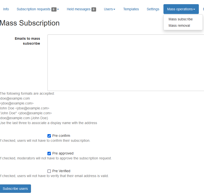 The mass subscription page to add users to a Mailing List