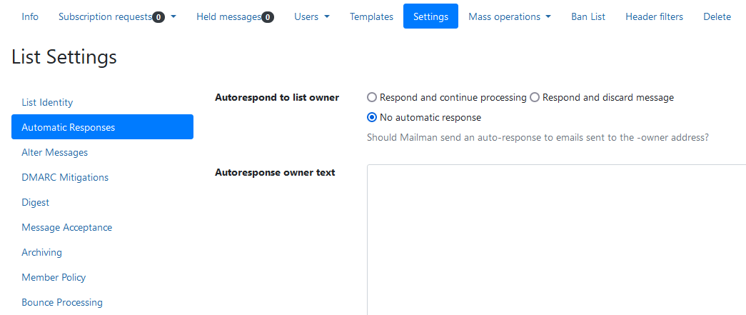 Screen shot of Automatic Responses