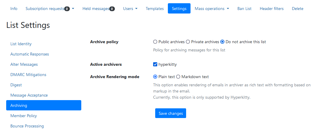 Archiving settings for Mailman list.