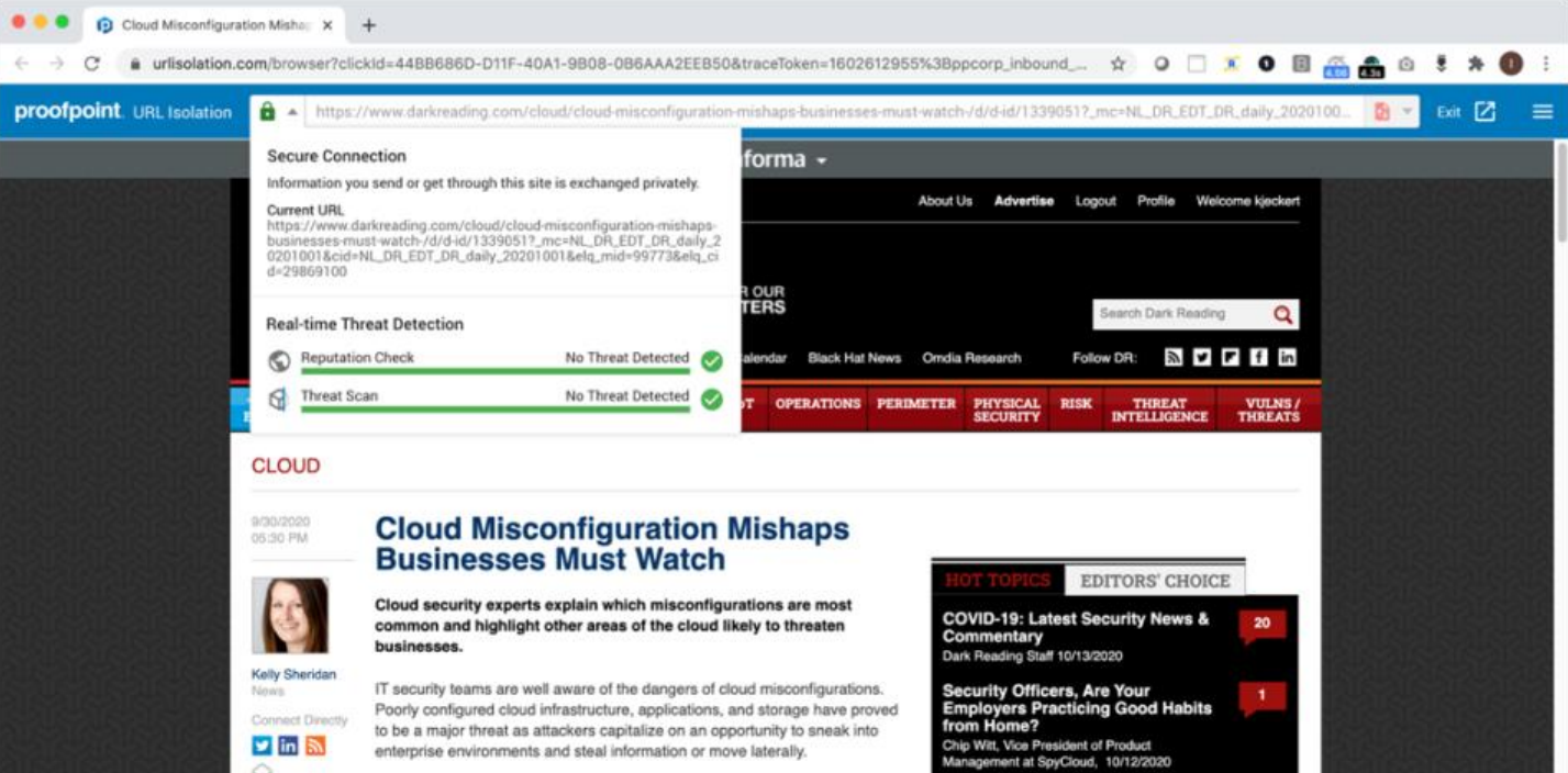 This image displays an example web browsing session opened in TAP Isolation